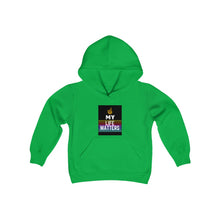 Load image into Gallery viewer, Youth Heavy Blend Hooded Sweatshirt (Black Love Rocks Original Design - My Life)