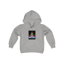 Load image into Gallery viewer, Youth Heavy Blend Hooded Sweatshirt (Black Love Rocks Original Design - My Life)
