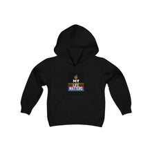 Load image into Gallery viewer, Youth Heavy Blend Hooded Sweatshirt (Black Love Rocks Original Design - My Life)
